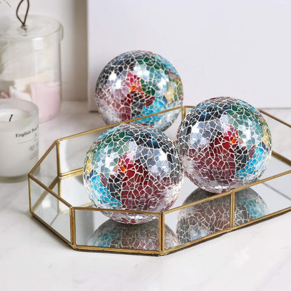 3Pcs Mosaic Glass Orbs Decorative Balls Set 8.5cm/3.35inch Blue Sphere Wedding Party Home Decor Table Centerpiece