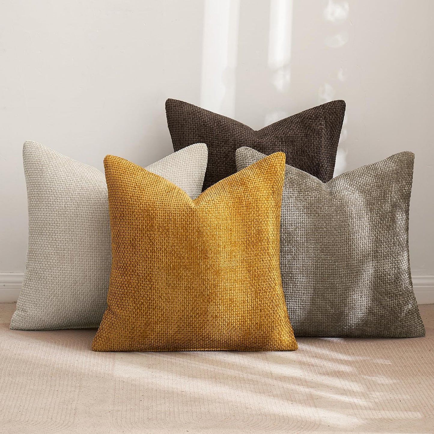 MIULEE Pack of 4 Couch Throw Pillow Covers 18x18 Inch Neutral Soft Decorative Chenille Pillow Covers Farmhouse Boho Cushion Covers for Mid Century Modern Spring Home Decor Sofa Bedroom Living Room