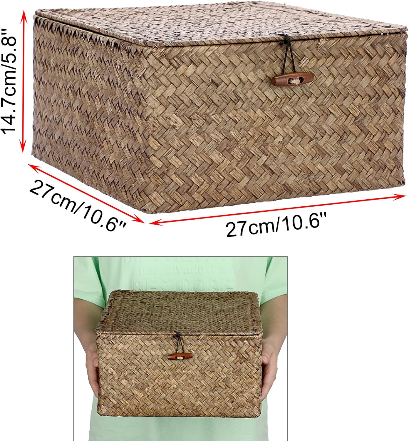 Hipiwe Seagrass Basket with Lid Wicker Storage Basket Square Handwoven Decorative Baskets Box for Shelf Multipurpose Household Baskets Home Decor,X-small
