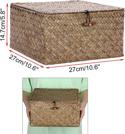 Hipiwe Seagrass Basket with Lid Wicker Storage Basket Square Handwoven Decorative Baskets Box for Shelf Multipurpose Household Baskets Home Decor,X-small