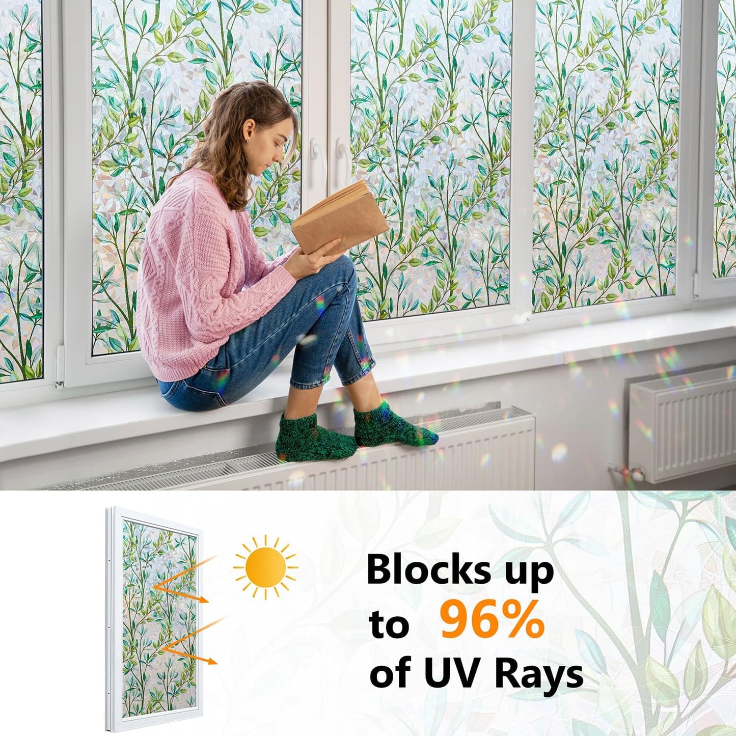 Ranzdn Window Privacy Film - Stained Glass Window Film Static Cling UV & Heat Blocking Rainbow Window Film for Glass Doors, Bedroom Windows - No Glue Premium Vinyl (Easy Install, 17.5"×78.7")