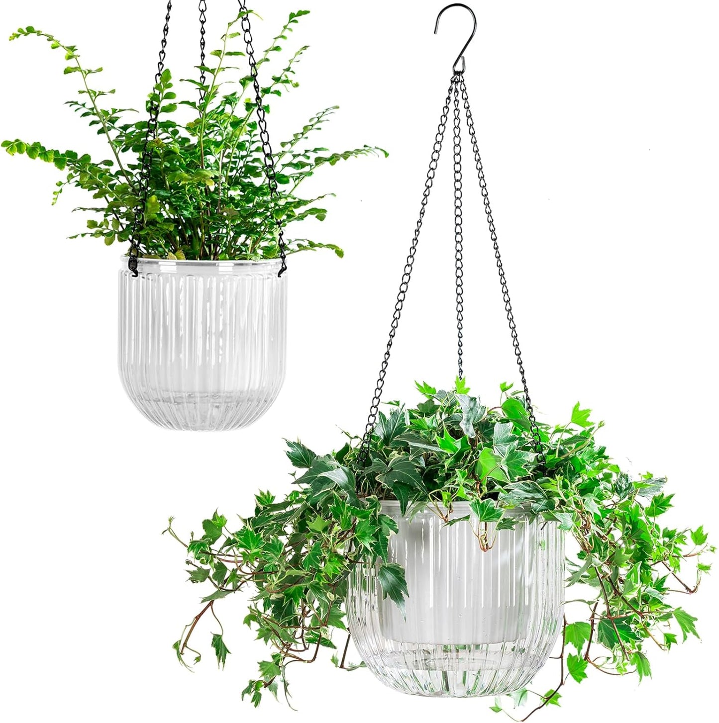Melphoe 2 Pack Self Watering Hanging Planters Indoor Flower Pots, 6.5 Inch Outdoor Hanging Basket, Plant Hanger with 3Hooks Drainage Holes for Garden Home (Emerald)