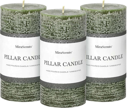 3x6 Inch Sage Green Pillar Candles Set of 3 - Unscented Spring, Long Clean Burning, Large Smokeless Dripless for Home Decor, Dinner Table, Bathroom, Rustic Decor