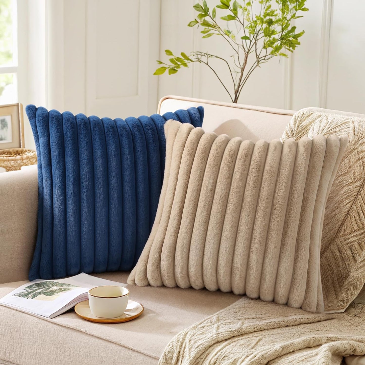 Pallene Faux Fur Plush Throw Pillow Covers 18x18 Set of 2, Luxury Soft Fluffy Striped Decorative Pillow Covers for Sofa, Couch, Living Room, Cream White