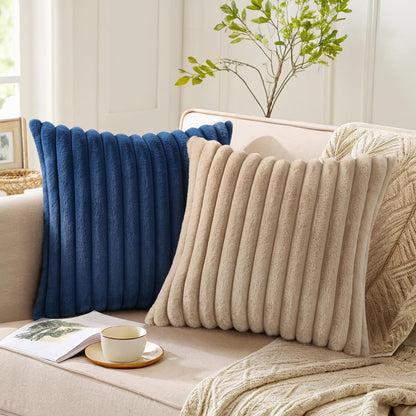 Pallene Faux Fur Plush Throw Pillow Covers 18x18 Set of 2, Luxury Soft Fluffy Striped Decorative Pillow Covers for Sofa, Couch, Living Room, Cream White