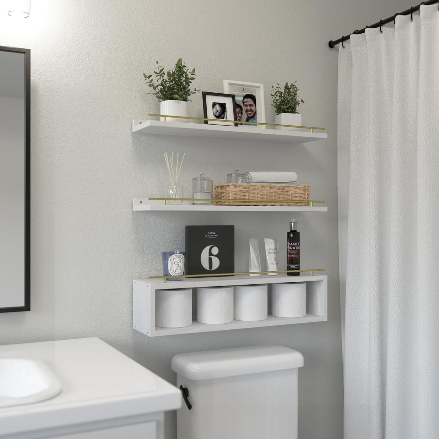 WOPITUES Floating Shelves for Wall with Cube Shelf, Wall Shelves with Metal Rail for Bathroom Decor, Bathroom Organizers and Storage, Over Toilet Shelves for Toilet Paper-Black