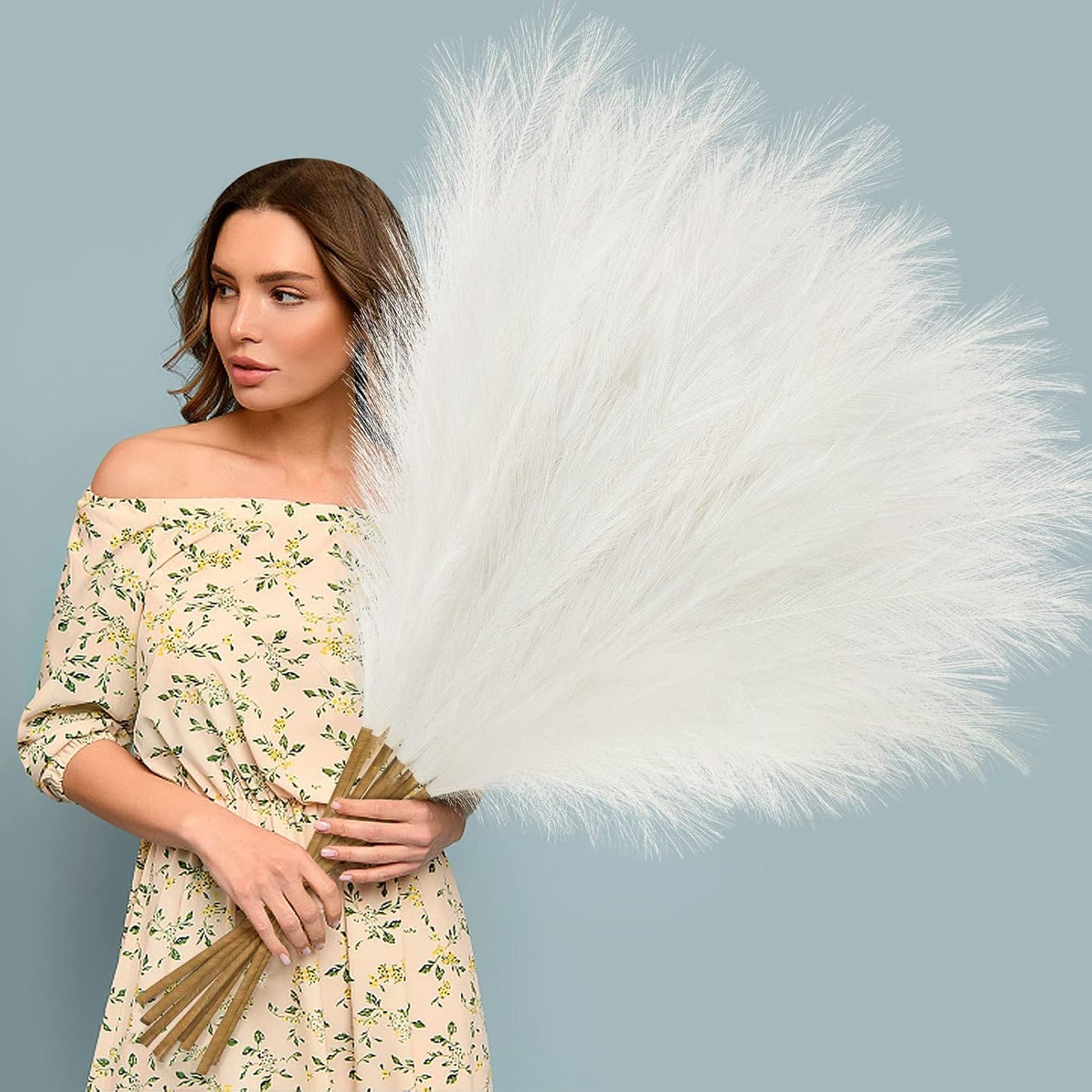 Ouddy Decor 8 Pcs Faux Pampas Grass Decor 38''/97cm Tall Artificial Large Pompous Pompas Floral Fluffy Fake Plants Floor Vase Filler for Wedding Kitchen Home Boho Decorations, Mixed Beige