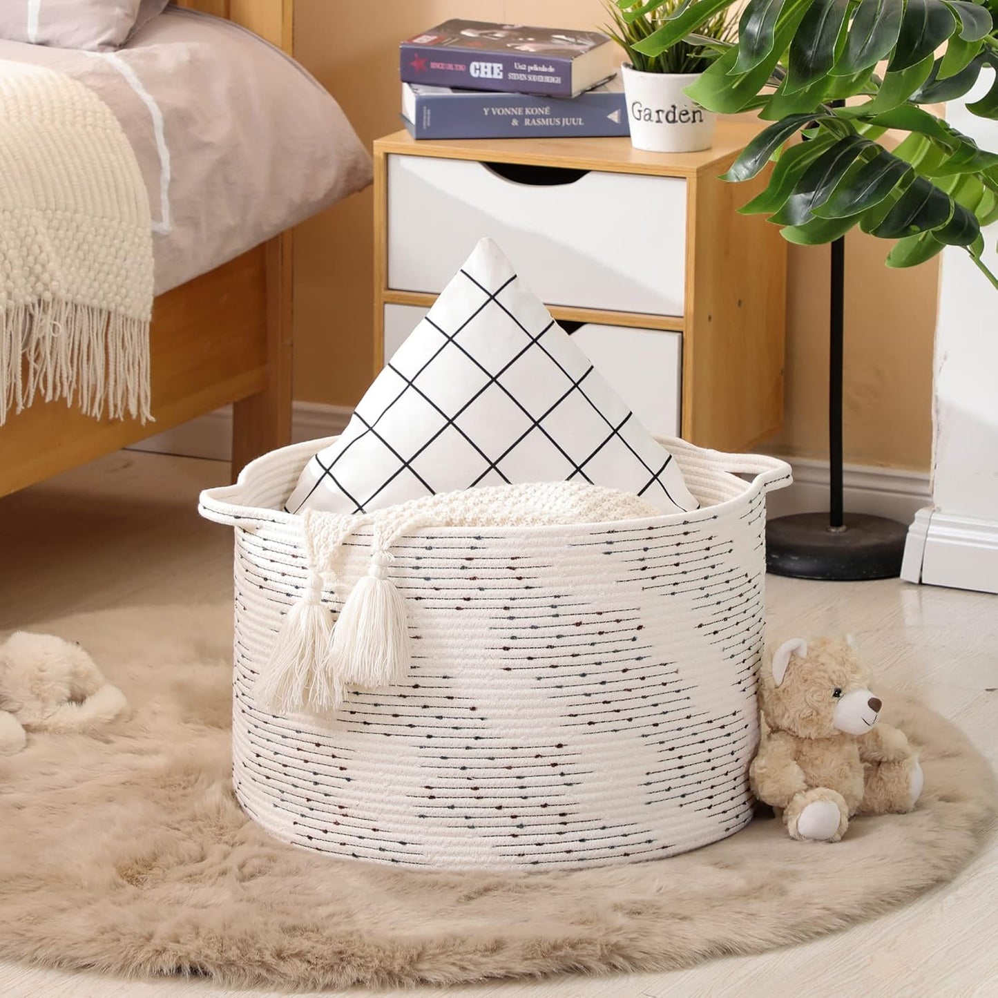 KAKAMAY Large Blanket Basket (20"x13"),Woven Baskets for storage Baby Laundry Hamper, Cotton Rope Blanket Basket for Living Room, Laundry, Nursery, Pillows, Baby Toy chest (White/Brown)