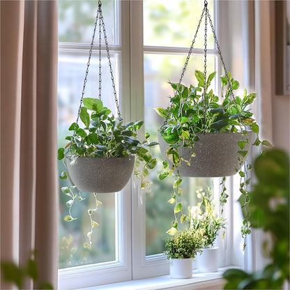T4U Hanging Planters for Indoor Plants, 10 Inch Hanging Planter Outdoor 2 Pack, Hanging Basket with Drainage Holes, Hanging Plant Holder Indoor, Flower Pots, Plant Pots for Garden, Grey