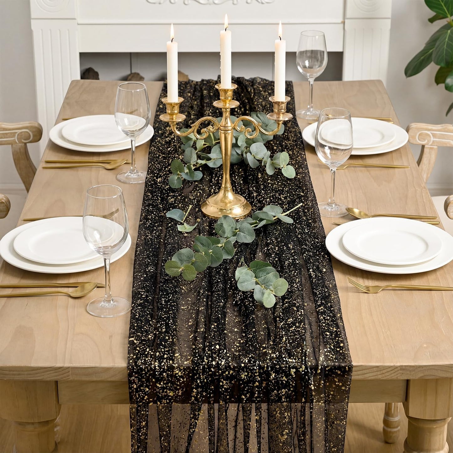 Artoid Mode Beige Gold Gauze Table Runner 120 Inch 10FT, Glitter Metallic Foil Sheer Dining Wedding Anniversary Holiday Birthday Table Decor for Home Party