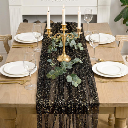 Artoid Mode Beige Gold Gauze Table Runner 120 Inch 10FT, Glitter Metallic Foil Sheer Dining Wedding Anniversary Holiday Birthday Table Decor for Home Party