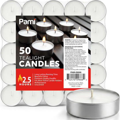 PAMI Premium 50 Pack Long-Lasting Tealight Candles - Unscented with 2.5 Hours Burning Time- Paraffin Tealights with Beautiful Flame- Round Candles Perfect for Votive Candle Holders