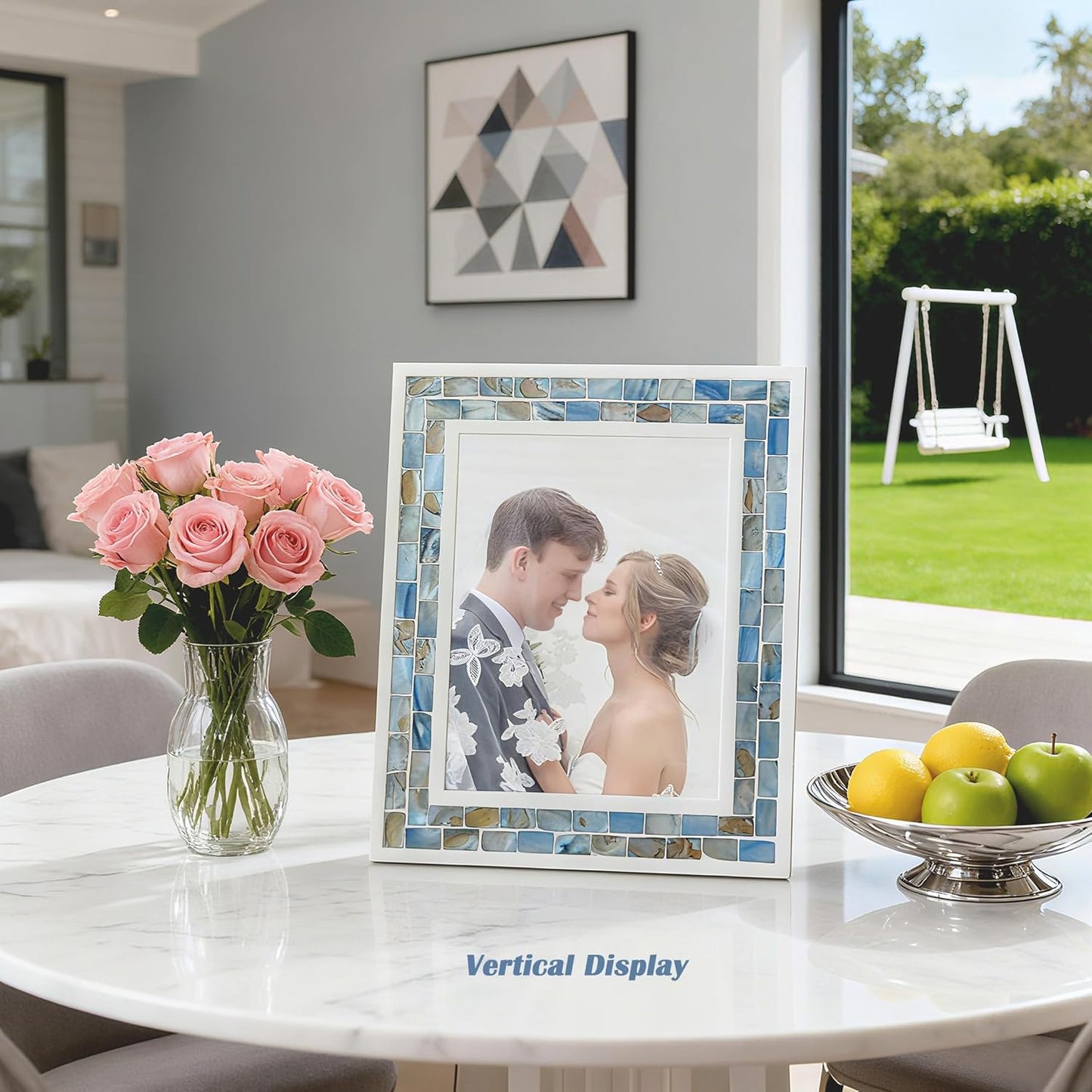 Silver Plate Picture Frame 5x7 Mother of Pearl 5 by 7 Photo Frame Mosaic Glass Tabletop Frame (Grey+ White,1pc)