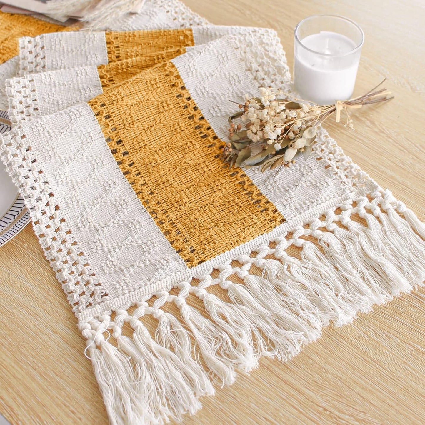 FEXIA Boho Table Runner for Thanksgiving Fall Christmas Home Decor with Tassels 72 Inches Long Pottery barn Furniture Farmhouse Rustic Macrame Burlap Table Decoration for Living Room (12x72 Inches)