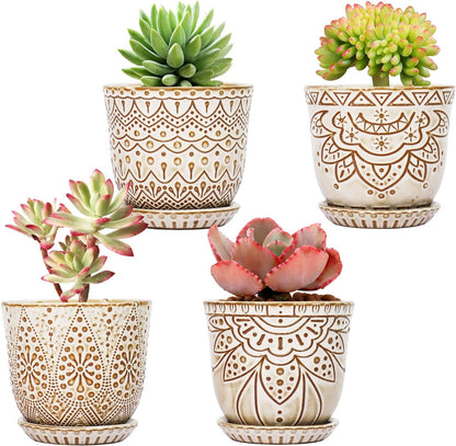 Gepege 6 Inch Beaded Ceramic Planter Set of 2 with Drainage Hole and Saucer for Plants, Indoor-Outdoor Large Round Succulent Orchid Flower Pot (Smoked Gray, Inner-pots not Larger Than 5 Inch)