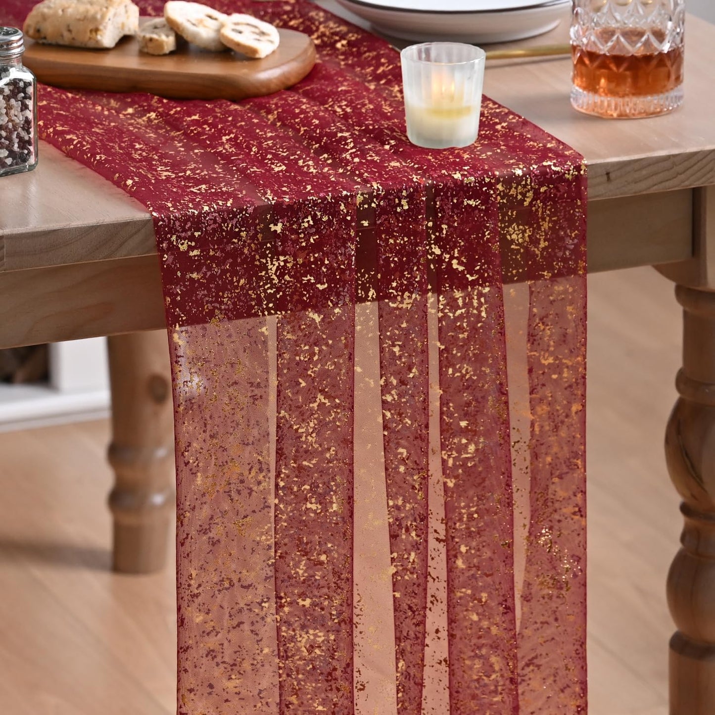 Artoid Mode Beige Gold Gauze Table Runner 120 Inch 10FT, Glitter Metallic Foil Sheer Dining Wedding Anniversary Holiday Birthday Table Decor for Home Party