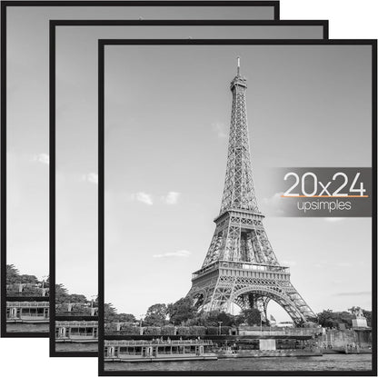 upsimples 18x24 Picture Frame Black 3 Pack, Scratch-Proof Poster Frames 18 x 24 for Photo Gallery - Slide-In Strips, Horizontal or Vertical Wall Mounting