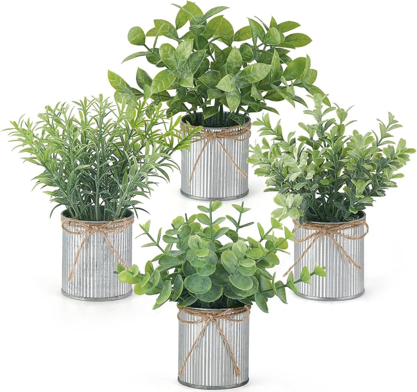 Mkono 4 Packs Small Fake Plants in Farmhouse Galvanized Pots Table Centerpiece Mini Potted Artificial Plants Faux Eucalyptus for Shelf Office Rustic Home Decor (White, Mini-6" H)