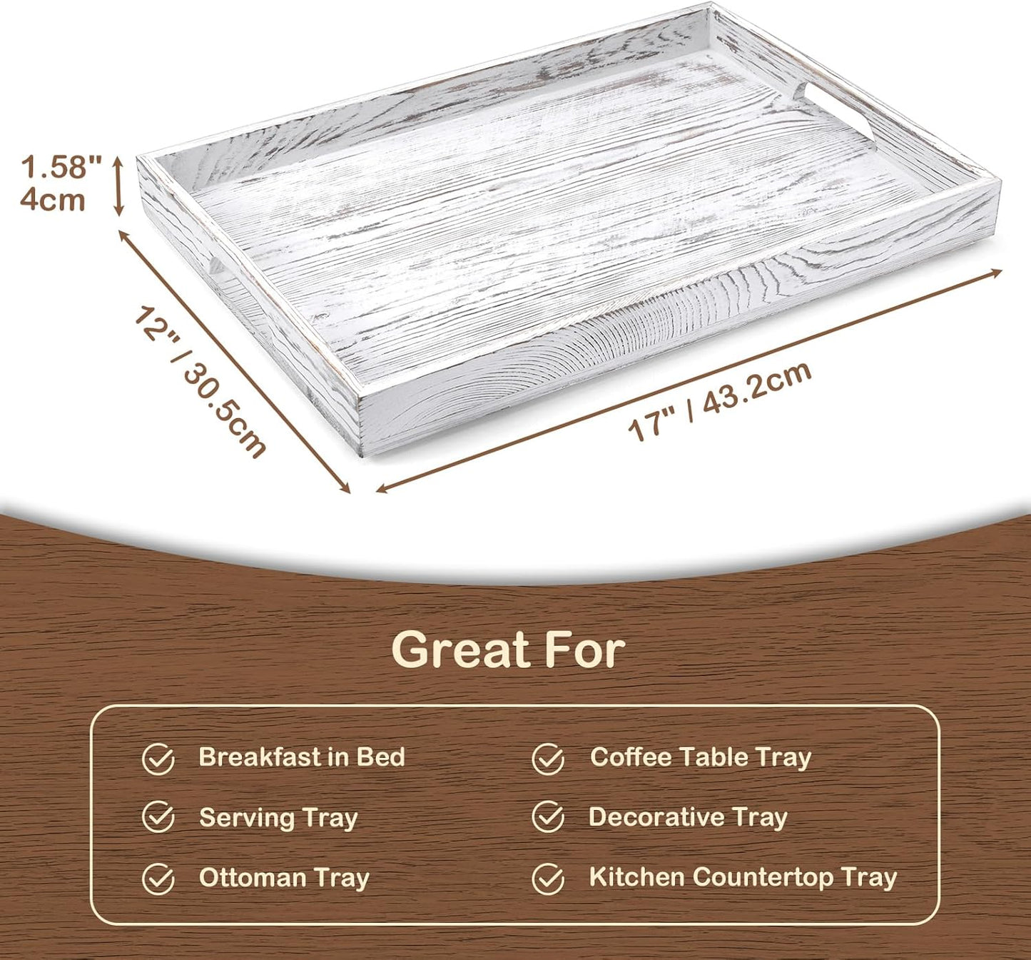 17 Inch Acacia Wood Serving Tray with Handles, Large Wooden Tray for Ottoman, Breakfast in Bed, Coffee Table, Dinner, Perfect for Living Room Bedroom Entryway and Kitchen