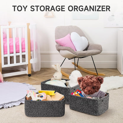 3-Pack Small Storage Baskets for Organizing | Woven Shelf Toy Basket | Rope Baskets for Gifts Empty | Closet Organizer Bins with Handles | Cube Decorative Box | 11.8×7.8×5.1” | Mixed brown