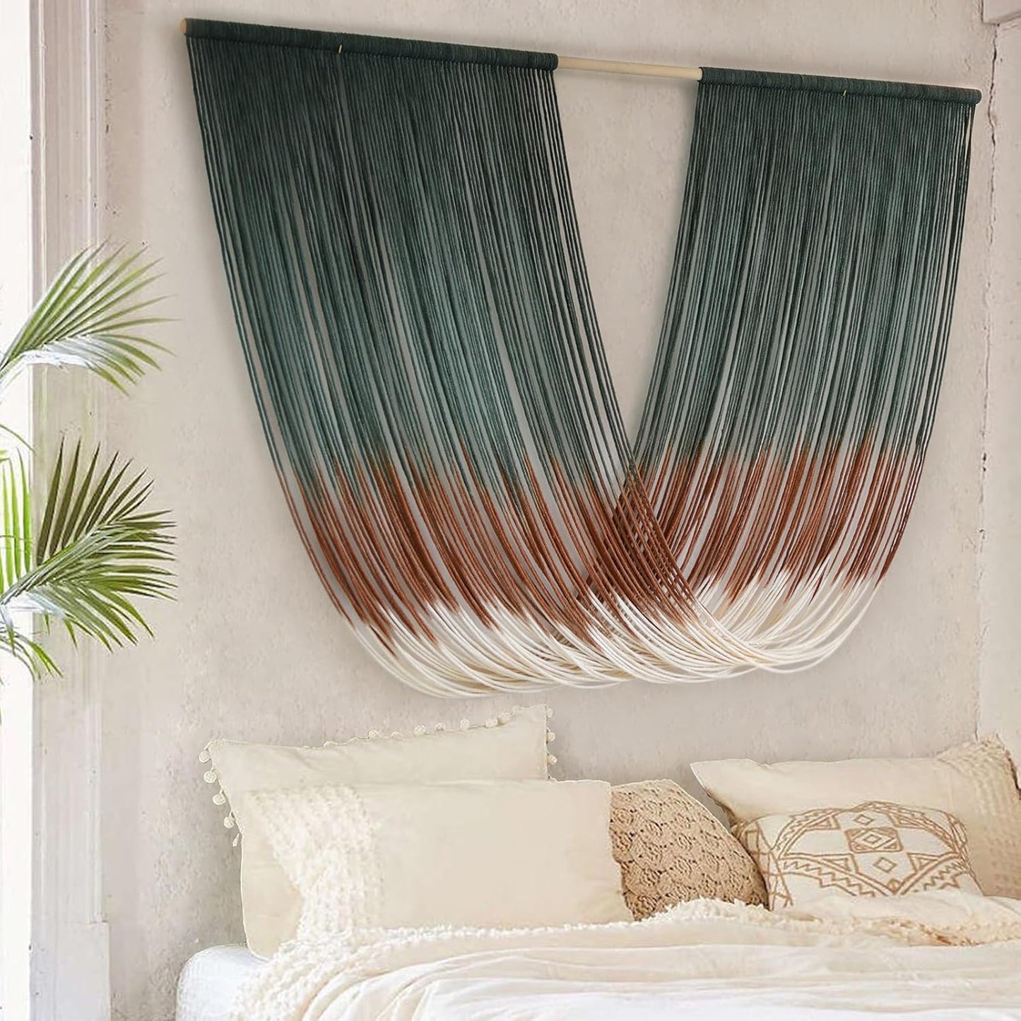 Flber Macrame Wall Hanging Boho Wall Decor Tapestry Dip Dyed Ombre Moss Green Handmade Wall Art Woven Cotton Rope Backdrop with for Bedroom Living Room, 57" W x 39" L