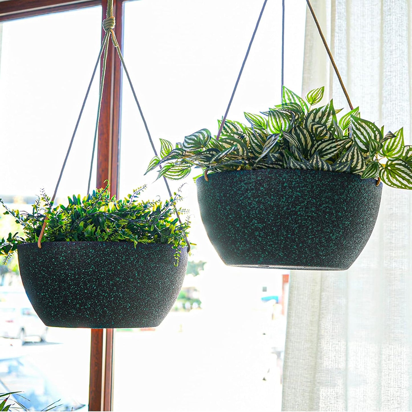 SwinDuck 13 Inch 2 Pack Large Hanging Planters for Indoor Outdoor Plants, Plastic Hanging Basket Pots for House Plants Flowers, White