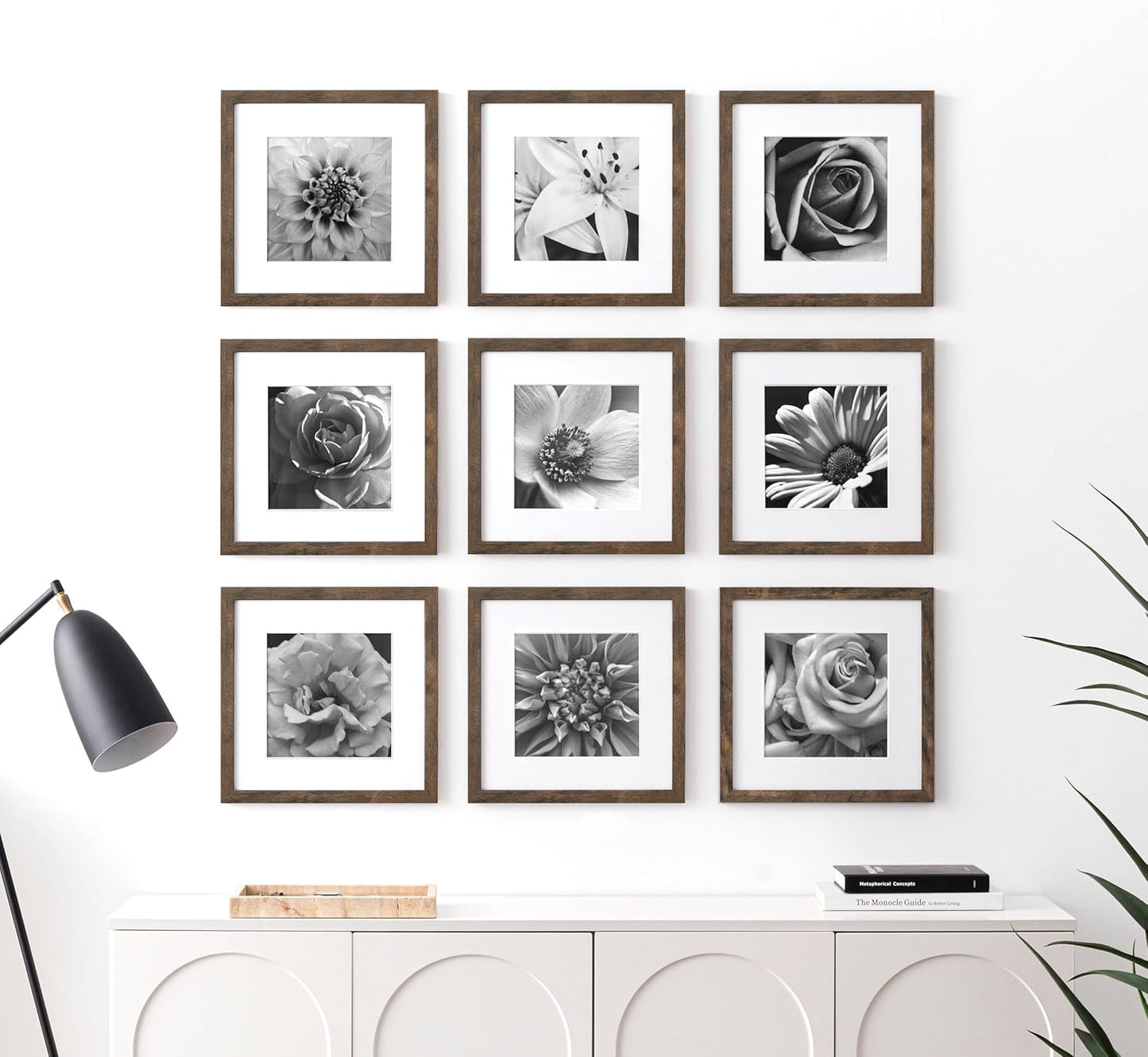 eletecpro 12x12 Picture Frames Set of 9 with Clear Acrylic Cover, Display 8x8 Photos with Mat or 12x12 Without, Classic and Sturdy Square Collage Gallery Wall Decor, Easy Wall Mount, Black