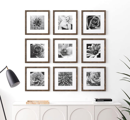eletecpro 12x12 Picture Frames Set of 9 with Clear Acrylic Cover, Display 8x8 Photos with Mat or 12x12 Without, Classic and Sturdy Square Collage Gallery Wall Decor, Easy Wall Mount, Black