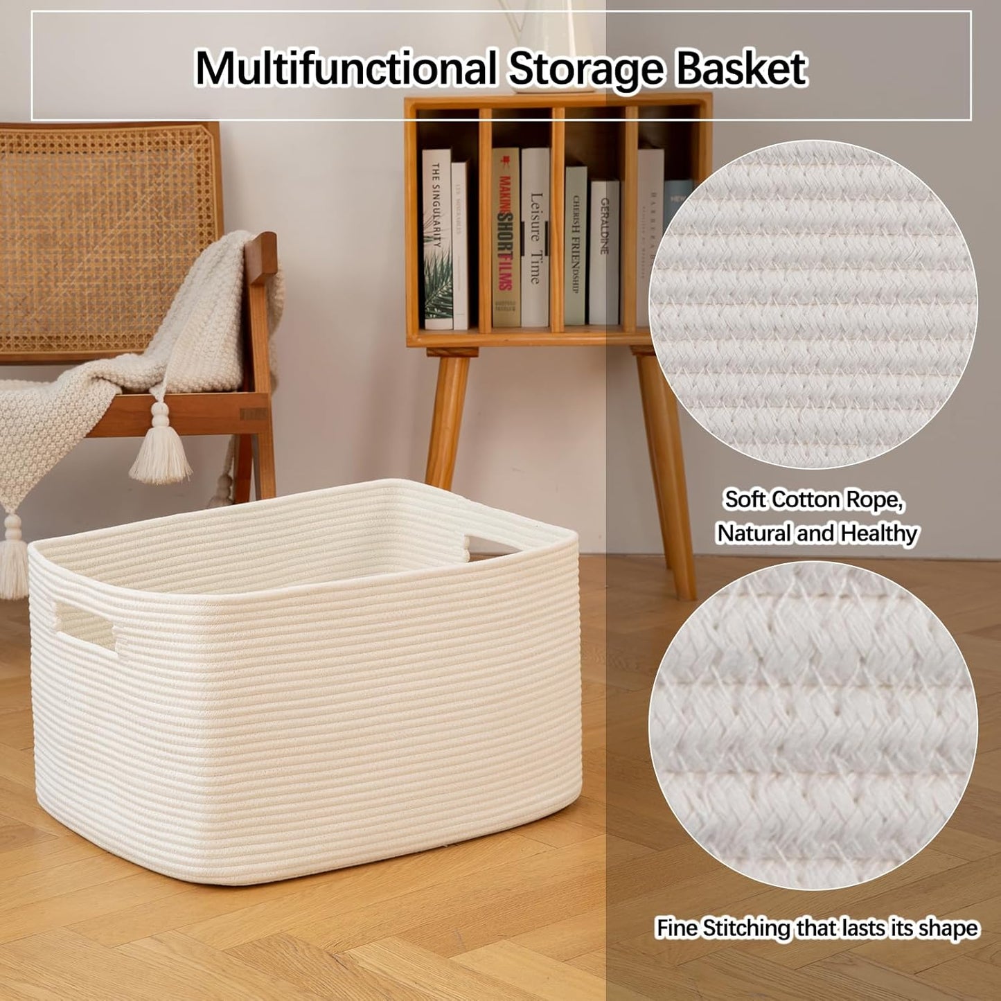 OIAHOMY 75L Large Woven Cotton Rope Storage Basket with Handle for Organizing Blanket and Toys for Living Room, Nursery, Brown Variegated 22”x17”x12”