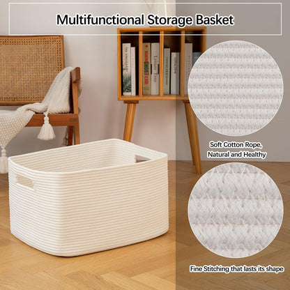 OIAHOMY 75L Large Woven Cotton Rope Storage Basket with Handle for Organizing Blanket and Toys for Living Room, Nursery, Brown Variegated 22”x17”x12”