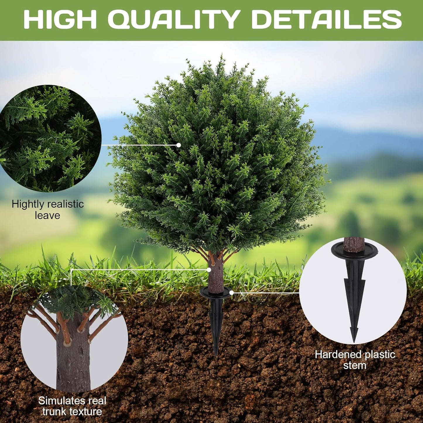 Artificial Red Eucalyptus Topiary Ball Tree 24" with Ground Spike, Set of 2 Artificial Boxwood Bushes for Faux Shrubs, Fake Evergreen Faux Plant for Indoor Outdoor Garden -UV Resistant–Fade-Proof
