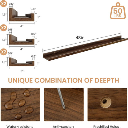 Acovy Picture Ledge Shelf Set of 6, 48 inch Long Large Floating Shelves for Wall with Lip, Wall Mounted Shelves for Living Room, Bedroom, Bathroom, Kitchen, Nursery,Oak