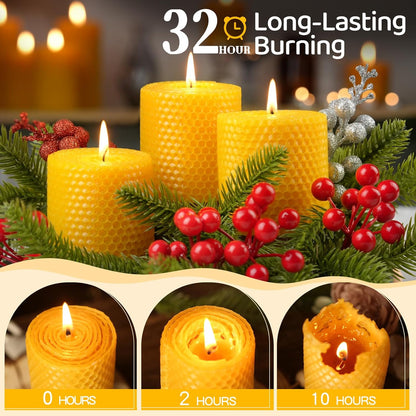 3 Pack Natural Beeswax Pillar Candles,Handmade Pure Beeswax Rolled Candle-60 Hours Long Burning,Honeycomb Bees Wax Candles for Home, Prayer,Dripless Smokeless Unscented Pillar Candle 2x4in