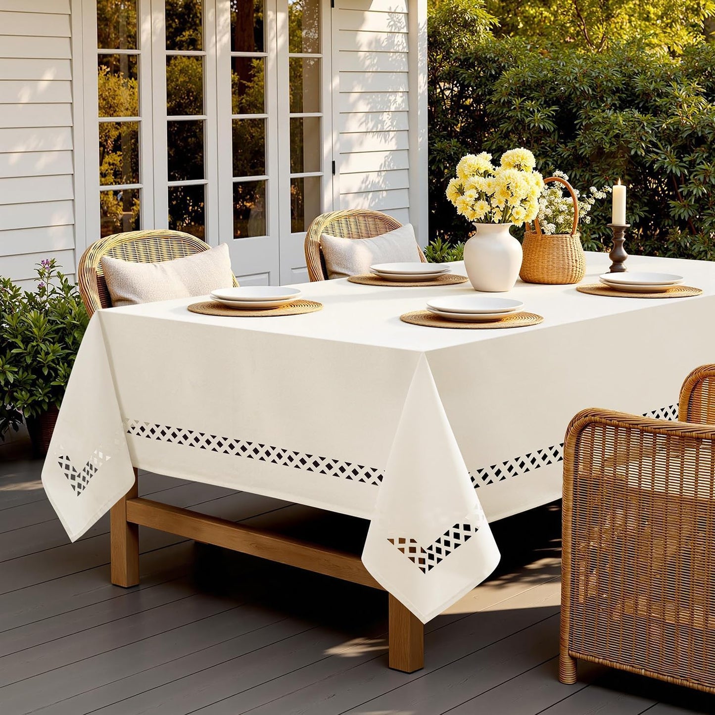MIULEE Beige Rectangle Linen Polyester Tablecloth with Decorative Cutouts Spring Waterproof Stain Resistant & Shrink-Proof Table Cloth 52x70 inch Farmhouse Style for Dining Wedding and Outdoor