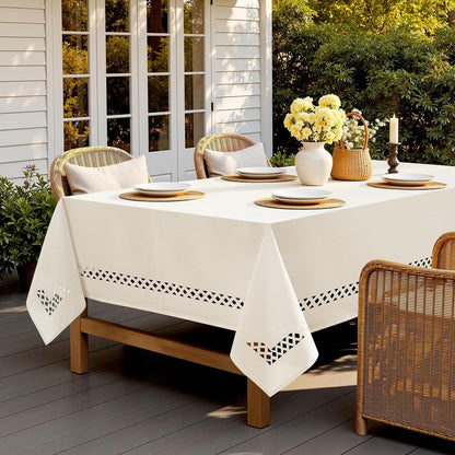 MIULEE Beige Rectangle Linen Polyester Tablecloth with Decorative Cutouts Spring Waterproof Stain Resistant & Shrink-Proof Table Cloth 52x70 inch Farmhouse Style for Dining Wedding and Outdoor