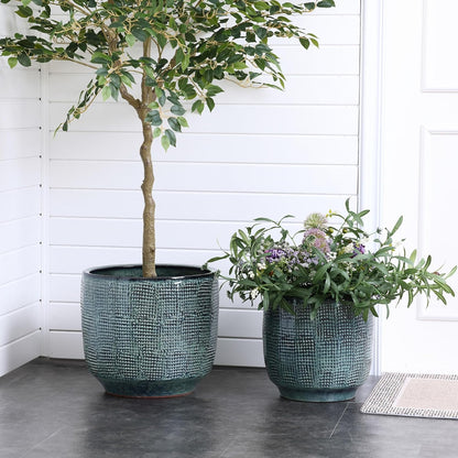 LuxenHome 15.75" Dia Large Ceramic Pots for Plants, Blue Glazed Planters for Outdoor Plants, Round Indoor Flower Pots with Drainage Hole and Rubber Plug for Home Garden Patio