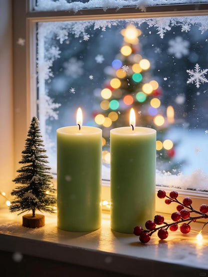 2 Pack 3x6 Inch Sage Green Unscented Pillar Candles - 70 Hour Long Burning Dripless Smokeless Candles for Home Decor Weddings Festivals Spa Meditation