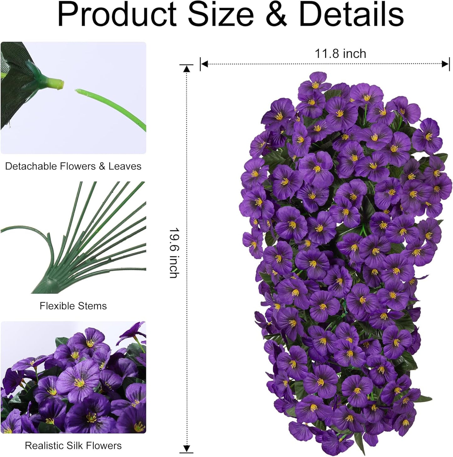 HyeFlora Artificial Flowers for Outdoors, 2pcs Faux Silk Pansies Flowers UV Resistant Fake Hanging Flower Plants for Outside Planters Porch Yard Patio Window Box (Mix Purple)