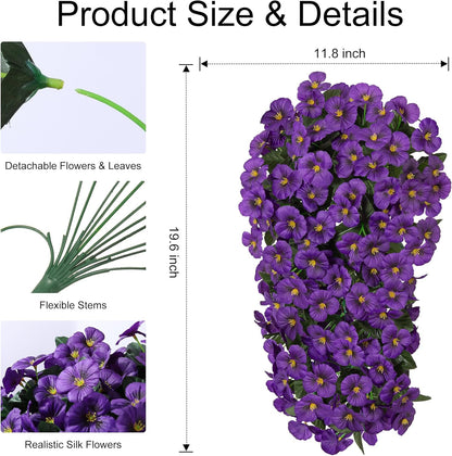 HyeFlora Artificial Flowers for Outdoors, 2pcs Faux Silk Pansies Flowers UV Resistant Fake Hanging Flower Plants for Outside Planters Porch Yard Patio Window Box (Mix Purple)