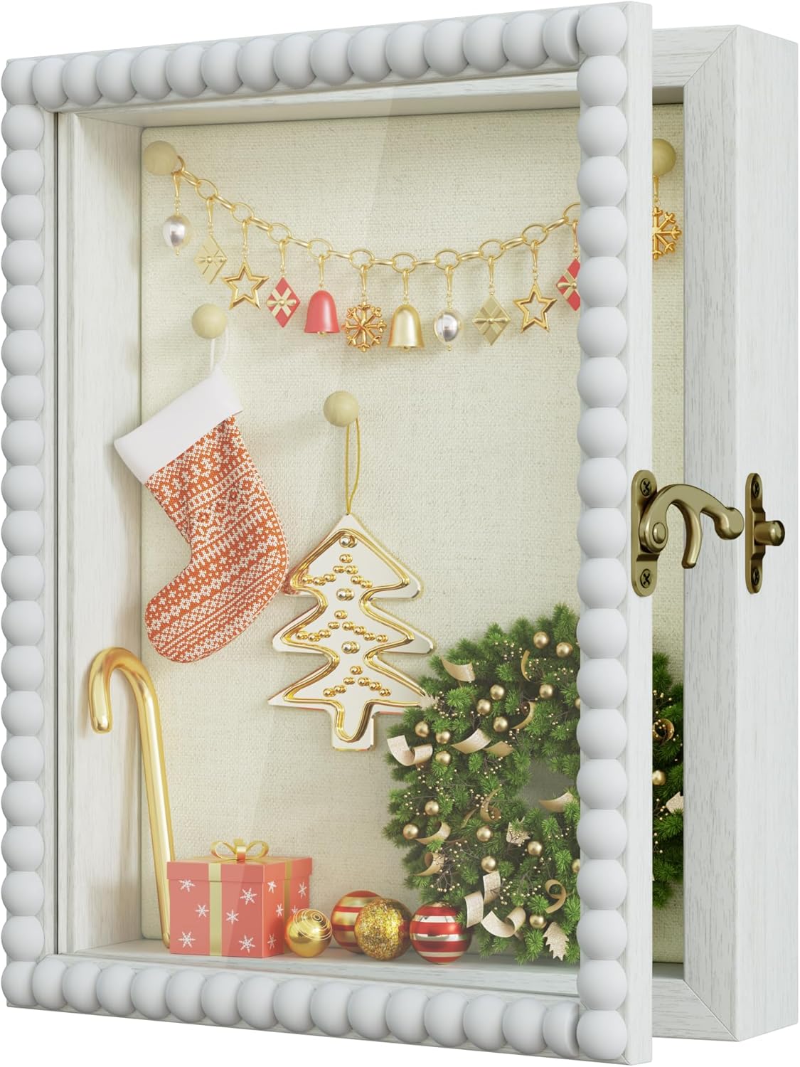 Love-KANKEI Shadow Box Frame 11x14, Deep Large Shadow Box Display Case with Unique Beads Door and Glass Window, Wood Memory Box for Pictures,Medals,Memorabilia,Collections White