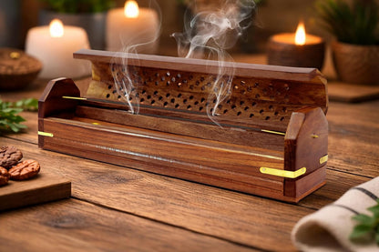 Sheesham Wood Incense Burner - Handmade Coffin Style Sun and Moon Inlay Incense Holder - Aromatherapy Room Freshener Cone Incense Stick Burner Ash Catcher - Zen Home Gift - 12x2x2 - COTTON CRAFT