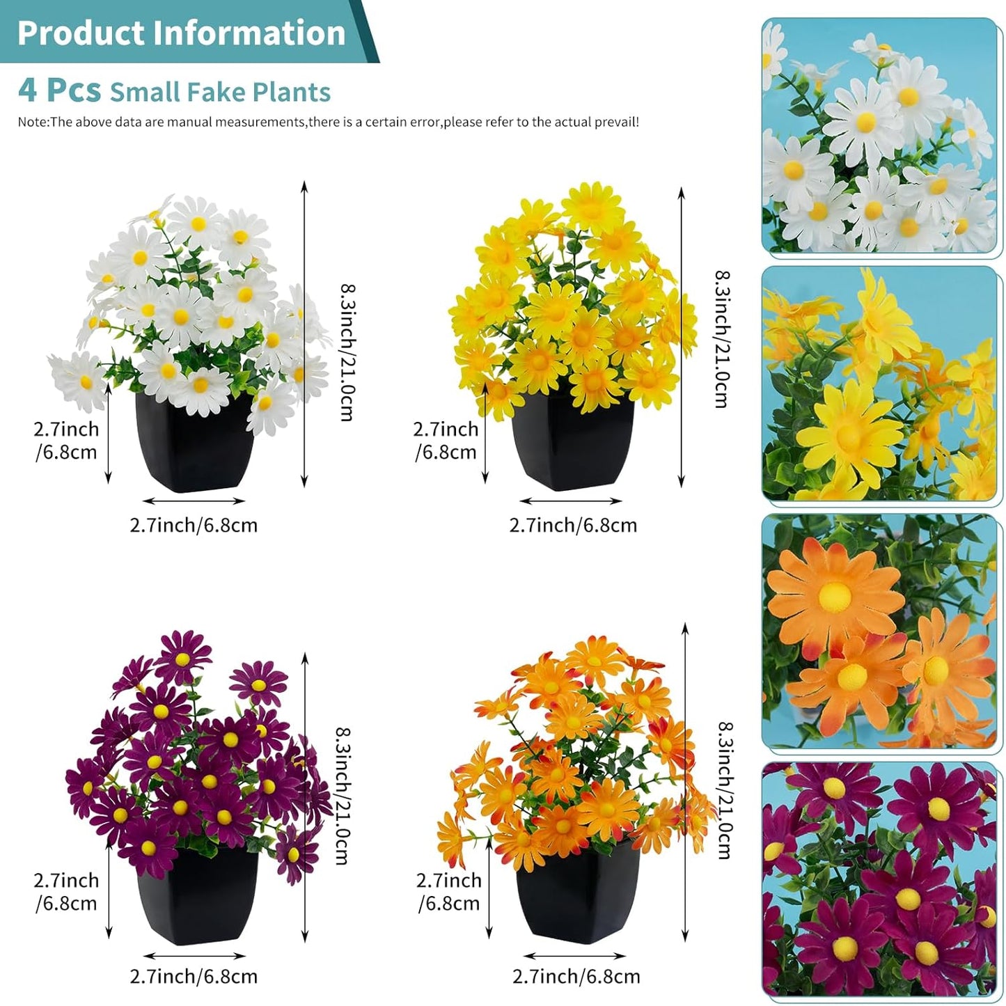 LOYWREE 4 Pack Small Artificial Mums Flowers in White Pots, Fake Mini Potted Plants, Spring Floral Decor for Home Bathroom Shelves Office Desk Table Centerpiece Indoor Decoration