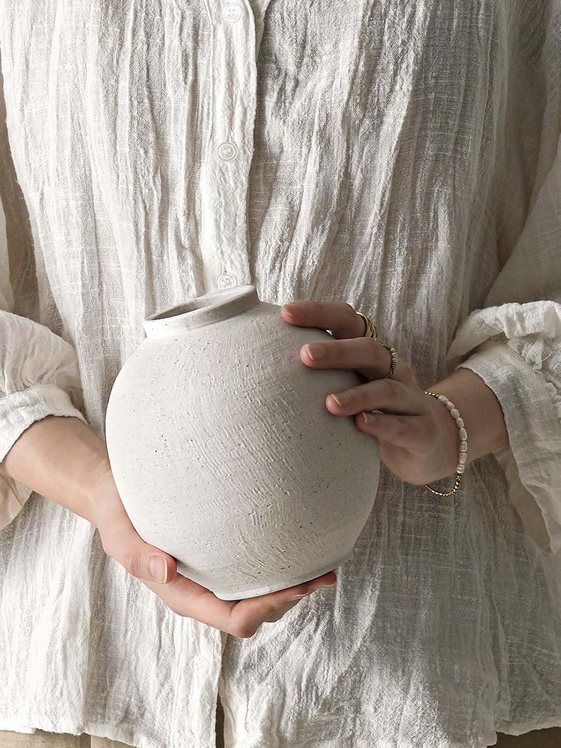 Large White Ceramic Vase - 9.8 Inch Rustic Farmhouse Flower Vase for Home Decor, Minimalist Tall Vases for Living Room, Table, Bathroom, Holiday & Weddings (Sandstone White)