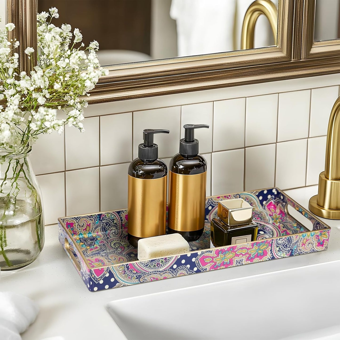 MAONAME White Decorative Tray, Plastic Serving Tray with Handles, Rectangular Moroccan Trays, Long Narrow Trays for Bathroom, Kitchen Counter, 13.8" X 6" X 1.57"