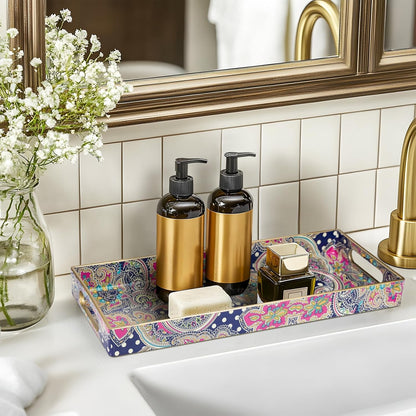 MAONAME White Decorative Tray, Plastic Serving Tray with Handles, Rectangular Moroccan Trays, Long Narrow Trays for Bathroom, Kitchen Counter, 13.8" X 6" X 1.57"
