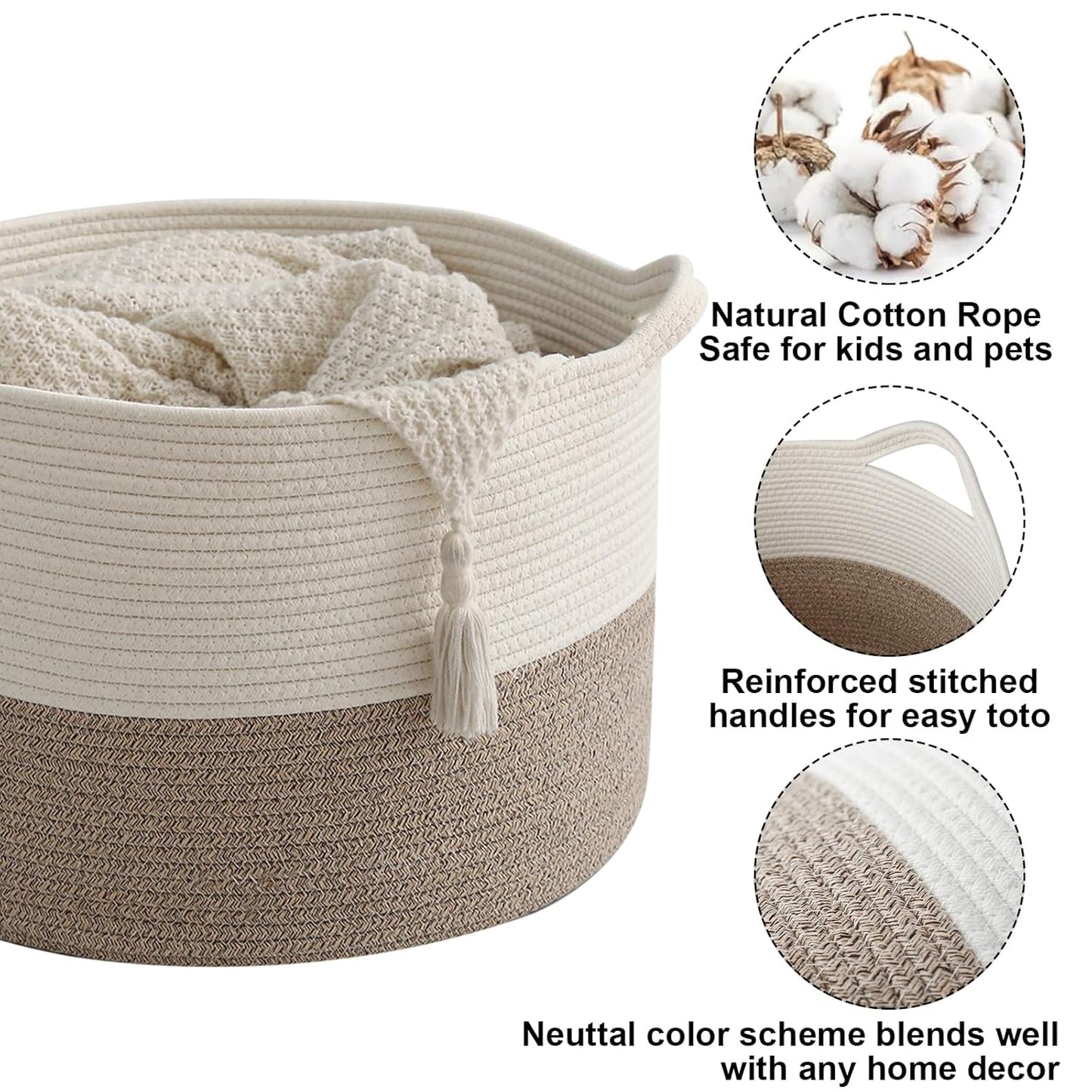 Large Woven Blanket Basket,65L Cotton Rope Laundry Basket Hamper with Handles, Decorative Nursery Basket Storage Bin for Toys, Clothes Organizer, Living Room, Bedroom, Bathroom, White & Brown