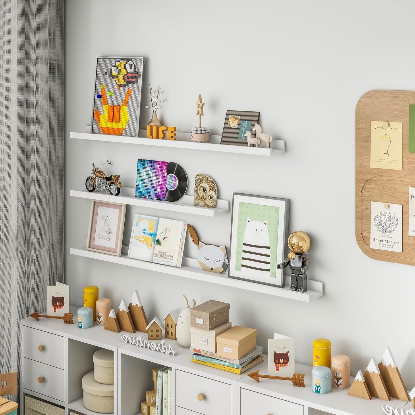FLYJOE Picture Ledge Shelf, Floating Shelves Set of 2, Solid Pine Wood 55'' Long Large Nursery Book Shelves for Toys Storage, Kids Bookshelf for Living Room Bedroom Decor Books Photo Frames, Walnut