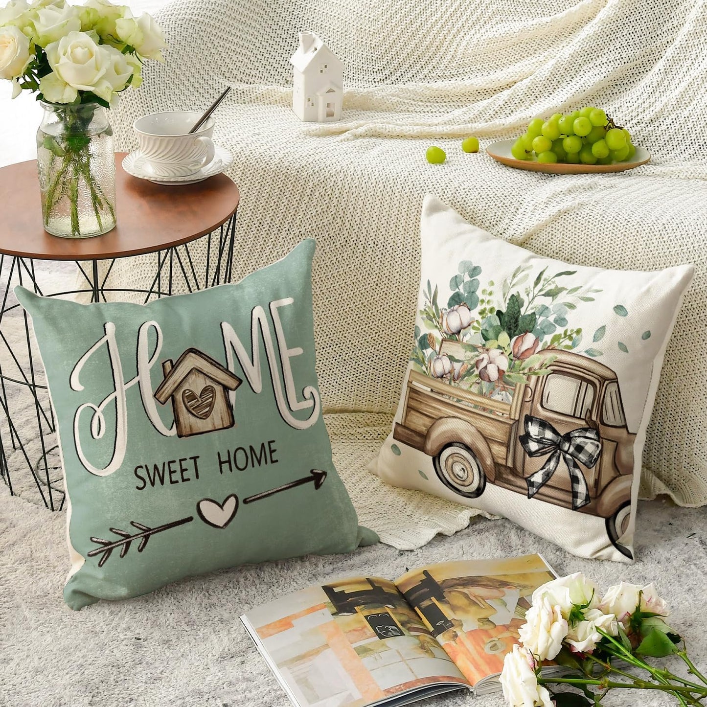 AVOIN colorlife Bless Our Home Farmhouse Eucalyptus Leaves Throw Pillow Covers, 18 x 18 Inch Truck Home Sweet Home Cushion Case Decorations Set of 4