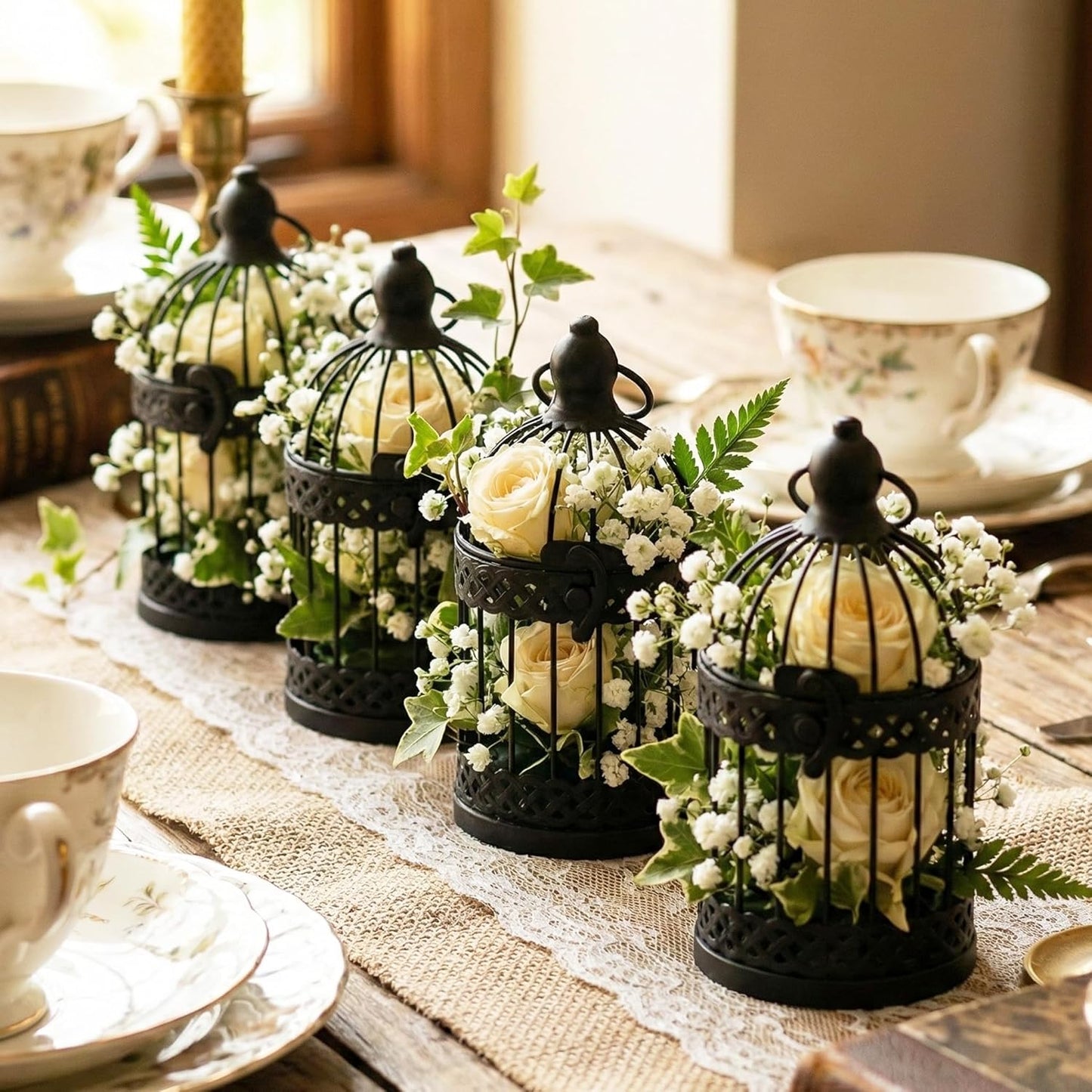 Vela Lanterns Bird Cage Decor Candle Holder Lantern Decorative Wedding Table Centerpiece Decorations, White, Small, Set of 4