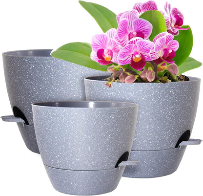 WSMKSZ 10/9/8 inch Self Watering Pots, Planter, Plant Pots with Mesh Drainage Holes for Indoor Outdoor Garden Plants, Plastic Flower Pots with Deep Reservoir for House Plants, Green with Brown